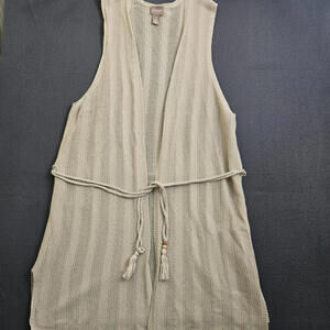 Chico's Women 2 Tan Crochet Sleeveless Cardigan Vest Rope Tie Front